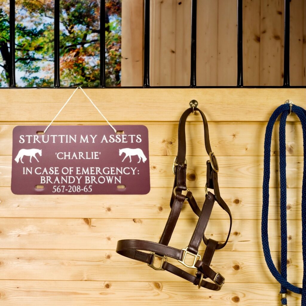 horse stall sign, in case of emergency sign, brown acre designs, custom stall sign