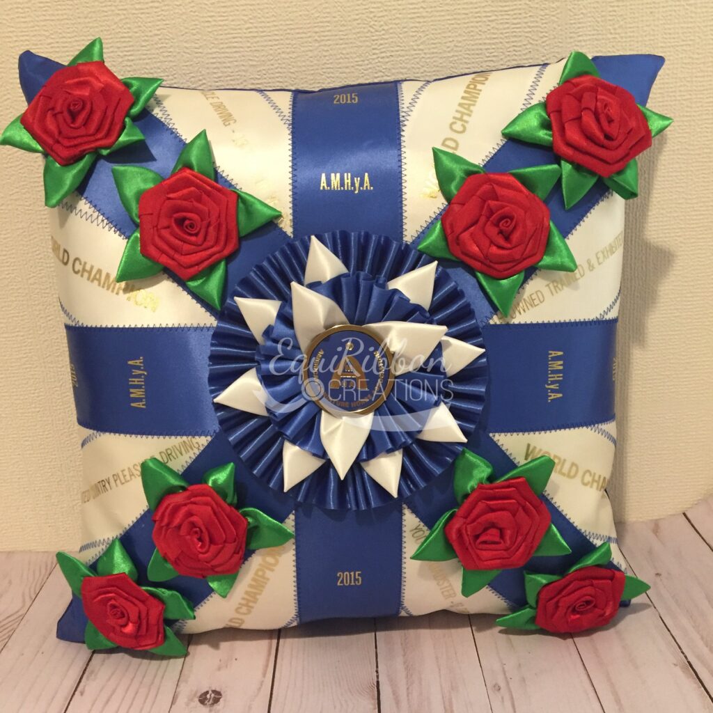 horse show ribbon craft, ribbon cow, ribbon pillow, horse show ribbon pillow