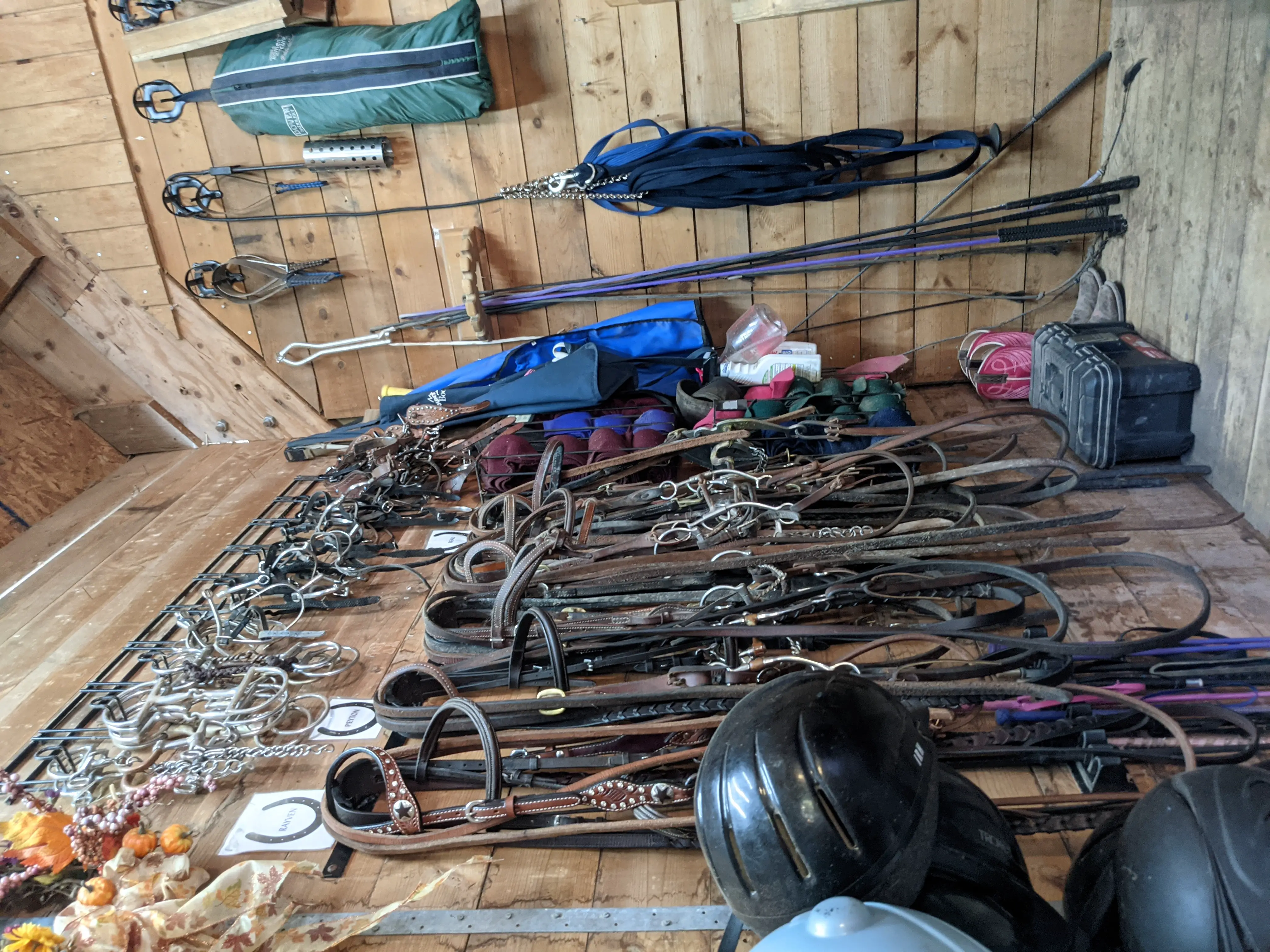 One of the best organization tips for a small tack room is to hang everything and anything.