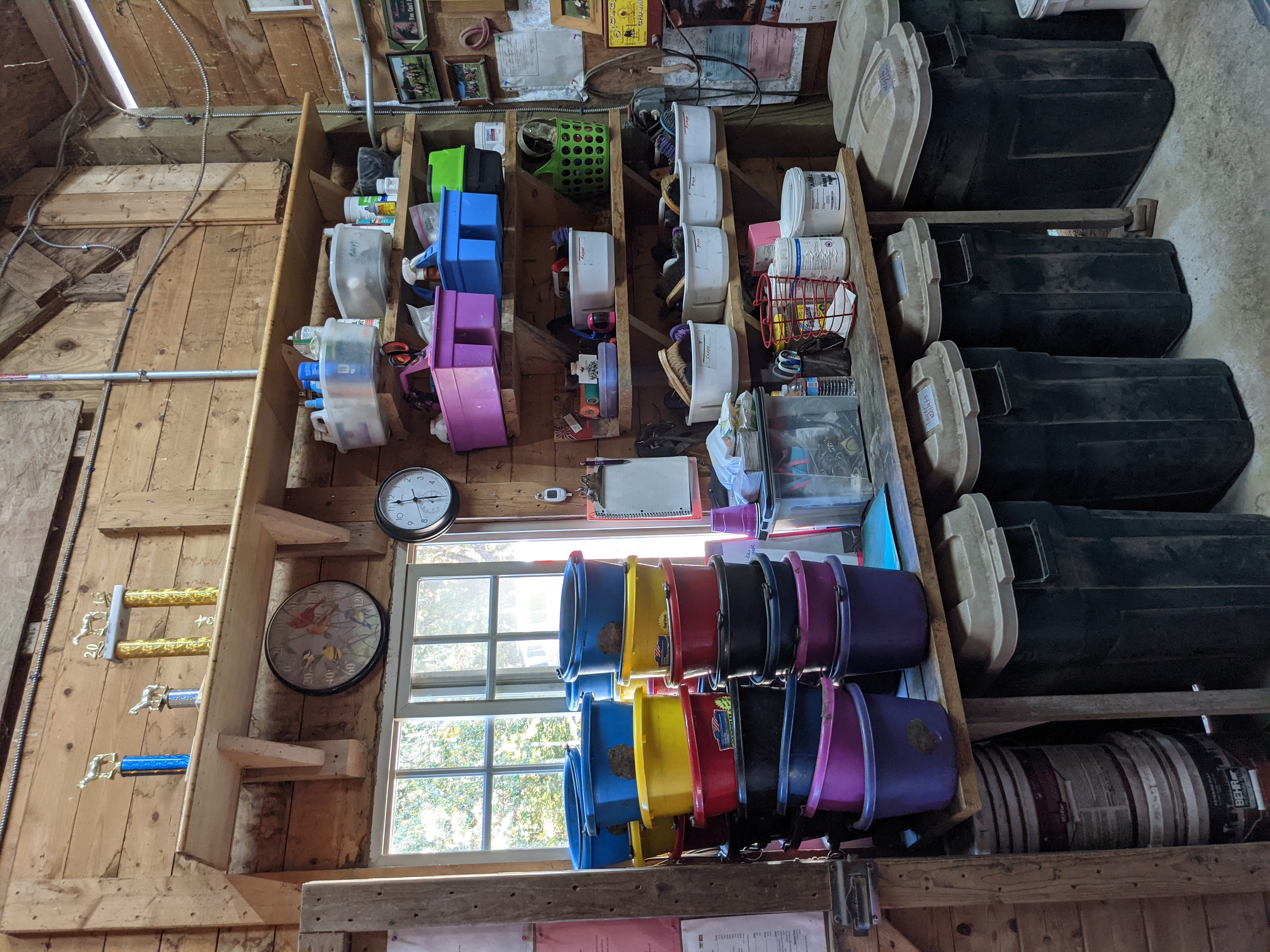 A key organization tip for a small tack room is to keep brush boxes labeled and give each horse their own grooming box.